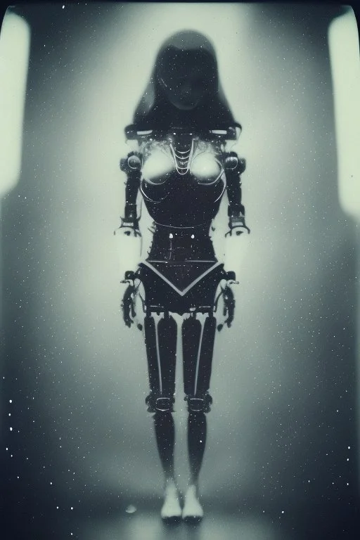 steampunk, vintage analog polaroid of a woman robot, female body, fog, lomography, heavy film grain, rain, color bleed, depth of field, bokeh, retro