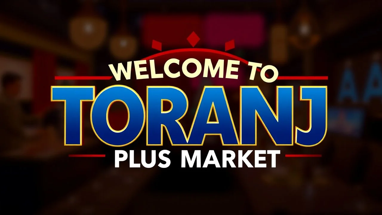 An attractive design with the text (WELCOM TO TORANJ PLUS MARKET) in the middle of the image in a prominent manner with a blue, red, orange, and gold color theme.