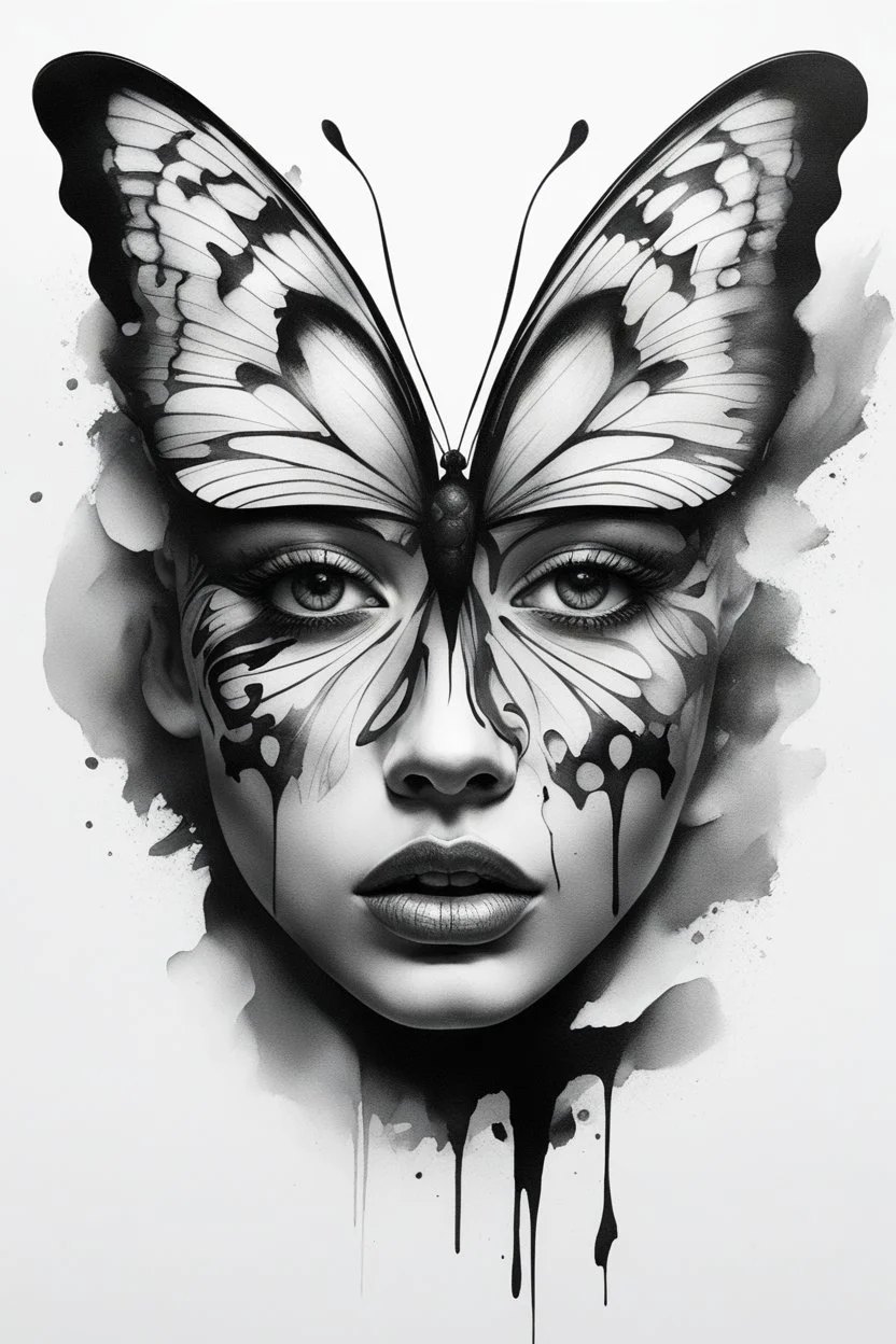 A realistic drawing in negative space black ink on white background of a beautiful butterfly with abstract brushstrokes face tattoos to enhance her face max enrist