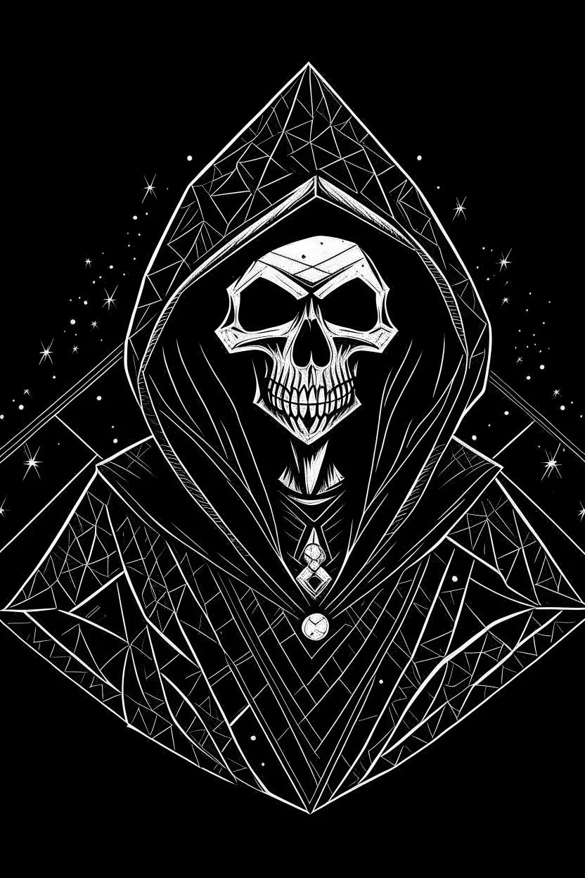 tim burton skeleton in a black hooded cloak drawn in a retro mascot style, inside a diamond shape on a black background, monochromatic