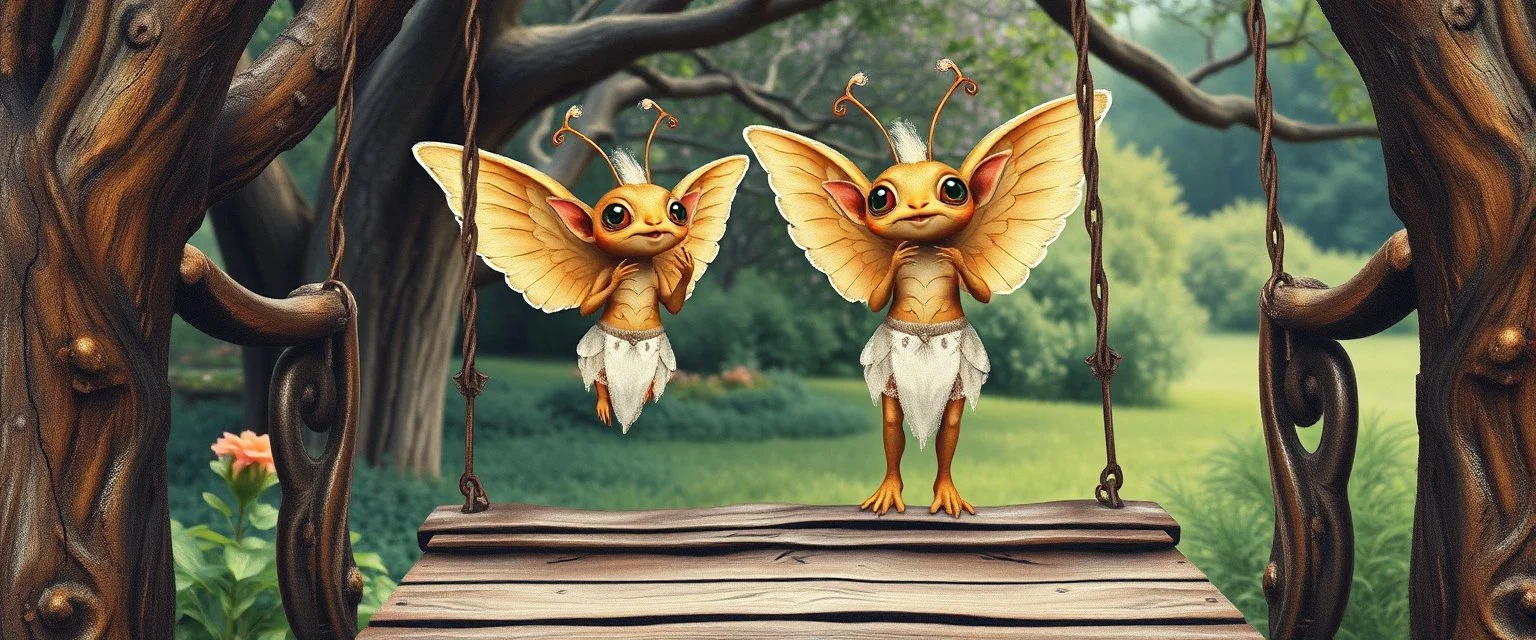 transcendent sacred geometry embroidered patterns, two totally symmetric fluffy angel ant gremlin slug nice cheerleader singing on old wooden carved bridge between trees in garden , full body portrait T-pose strong aura, oil painting and air brush, in swing