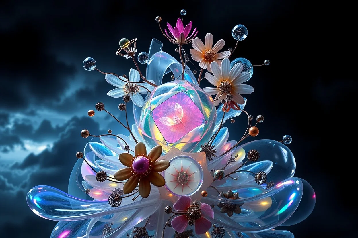 Dynamic complex hypnotic of 3D structures Symmetry twisting and morphing between cifi plants , cifi flowers and metal geometric 3d structures , smooth translucent iridescent glass with inner glow and bubbles, varied transparent materials, stormy skies, intense dramatic