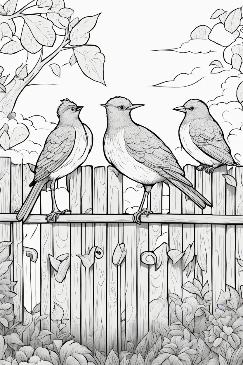 coloring page, birds on a fence, cartoon style, thick lines, low detail, no shading