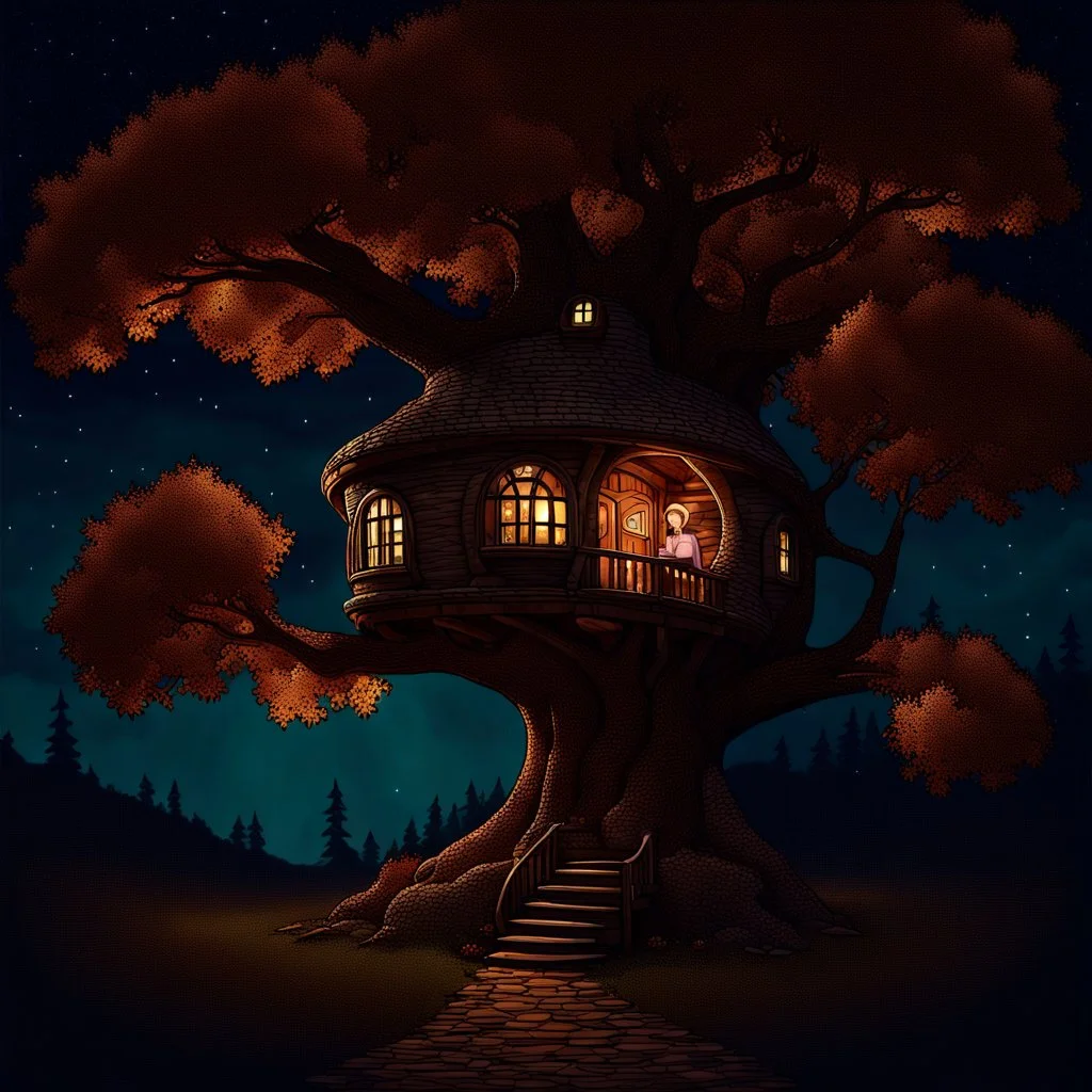 a whimsical, tree-house style dwelling nestled within the twisting branches of a large, autumn-hued tree. The curved stone structure has warm, glowing windows and a blue door, giving it an inviting, cozy appearance against the deep teal night sky. The golden leaves filter the moonlight, creating an enchanting, storybook atmosphere.