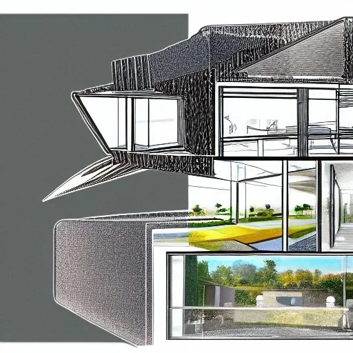 Futuristic house section, section drawing, collage landscape