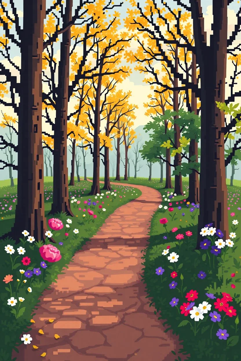 pixelated trees on a pixelated path with pixelated primroses, peonies, and pansies; symbolism; color palette of #dea119; #d3ed00; #85c124; #d2c42c; #dea119; #641924; #f9482e; #fae3df