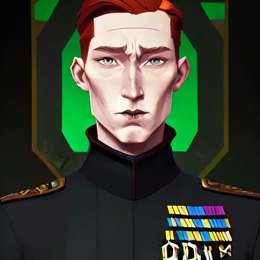 portrait, general hux, wearing a black First Order uniform, serious, imposing figure, thick eyebrows, digital art, wearing a black First Order uniform, green eyes