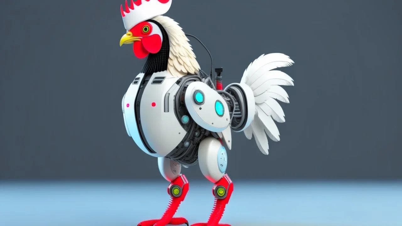 CHICKEN robot, sci-fi, cyberpunk, full body, ultra realistic, virtual reality, CLEAN PLAIN BACKGROUND, Aspect Ratios: 9:16