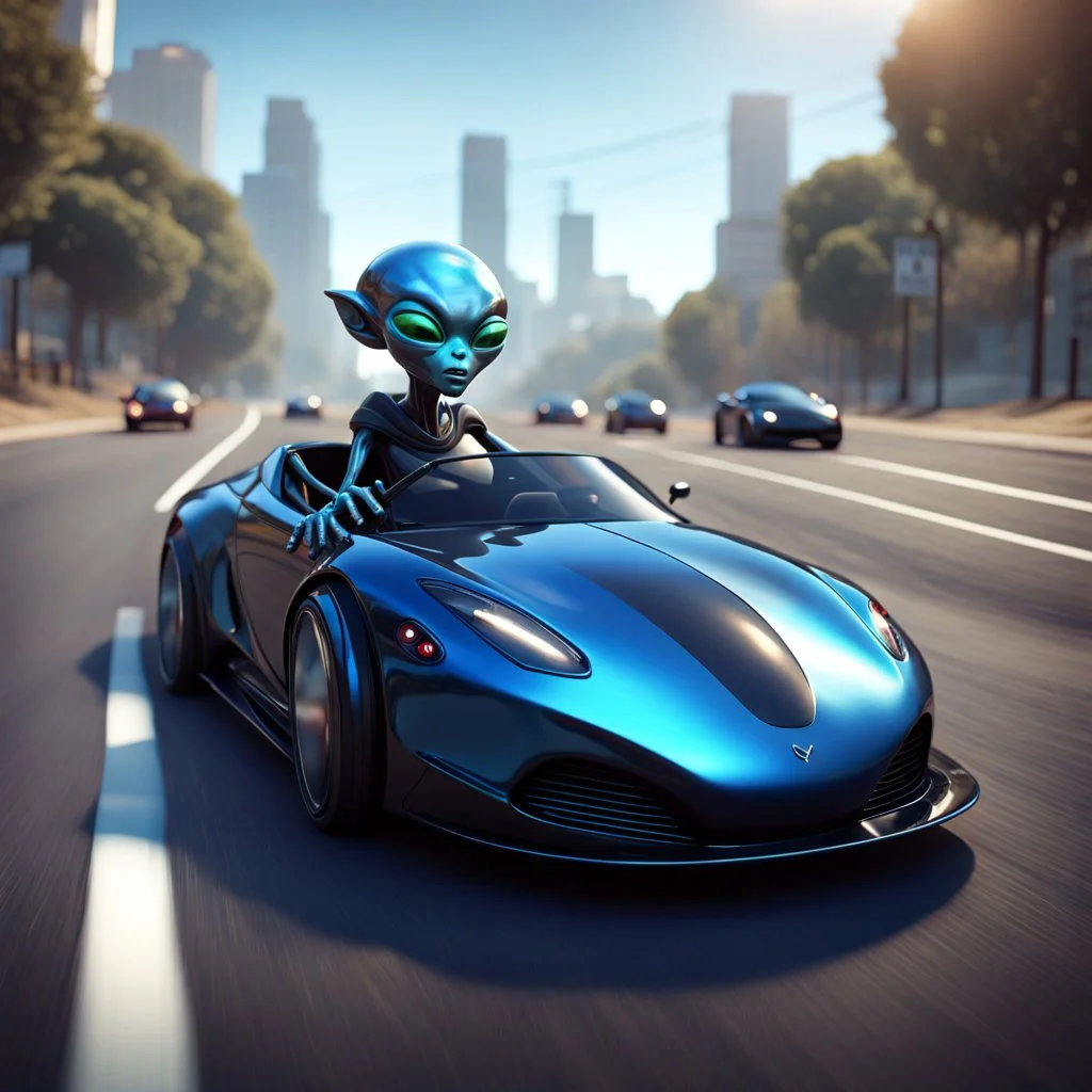 Magnetic blue cartoon alien driving a shiny black open sports car on a san fransisco road, character portrait by Mike Winkleman, featured in cgsociety, pop surrealism, rendered in cinema4d, daz3d, behance hd