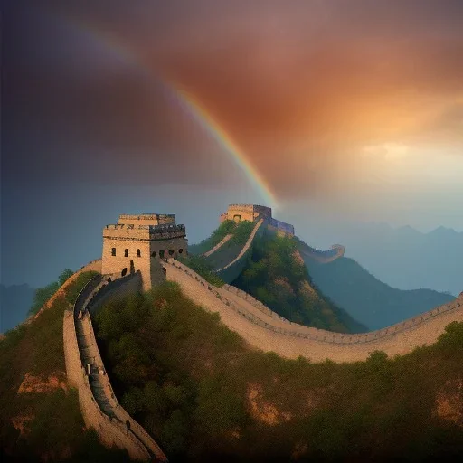 The Great Wall of China, sunset rainbow, waterfall