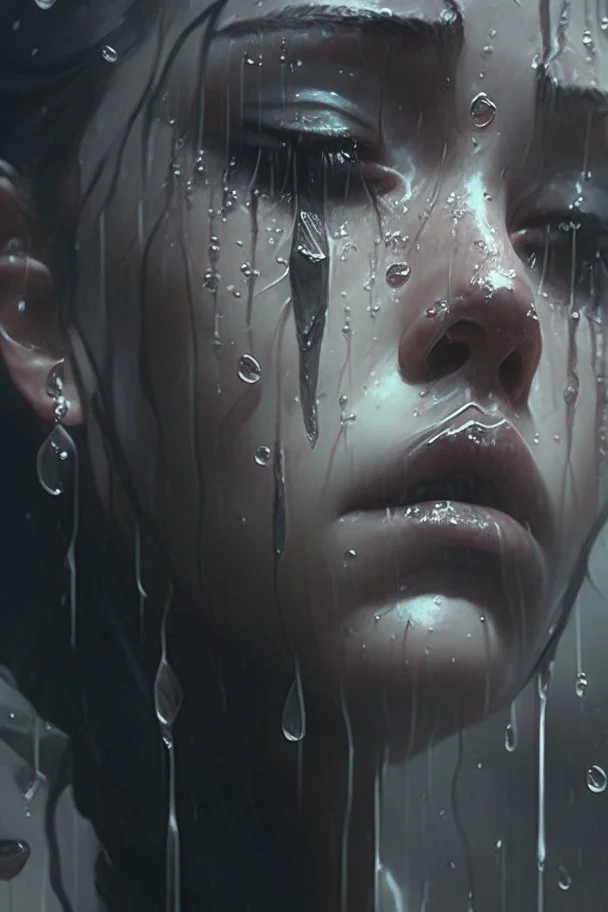 Tears are streaming down my face as I stand amidst the gentle droplets of the silvery symphony falling from the heavens above, Emotional, Dark, Highly detailed, Sharp focus, Moody lighting, Artstation, by loish and sakimichan and artgerm, Concept art, Matte, Realistic, with a hint of surrealism.