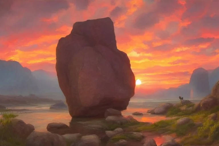 beautiful sunset, rocks, videgame landscapes influence, epic, one person, distant mountains, rodolphe wytsman, jenny montigny, and friedrich eckenfelder impressionism paintings