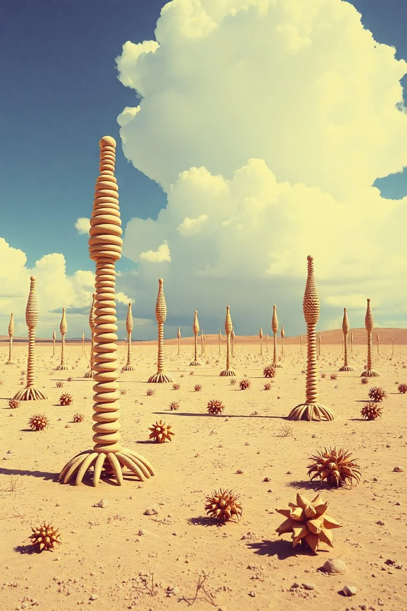 Strange spindle-shaped objects of various shapes, scattered over an arid wasteland, clouds, Max Ernst, Audubon, Amano, Walton Ford, Yves Tanguy, bright colours, polaroid, 8k, 3d, 33mm photography, well defined