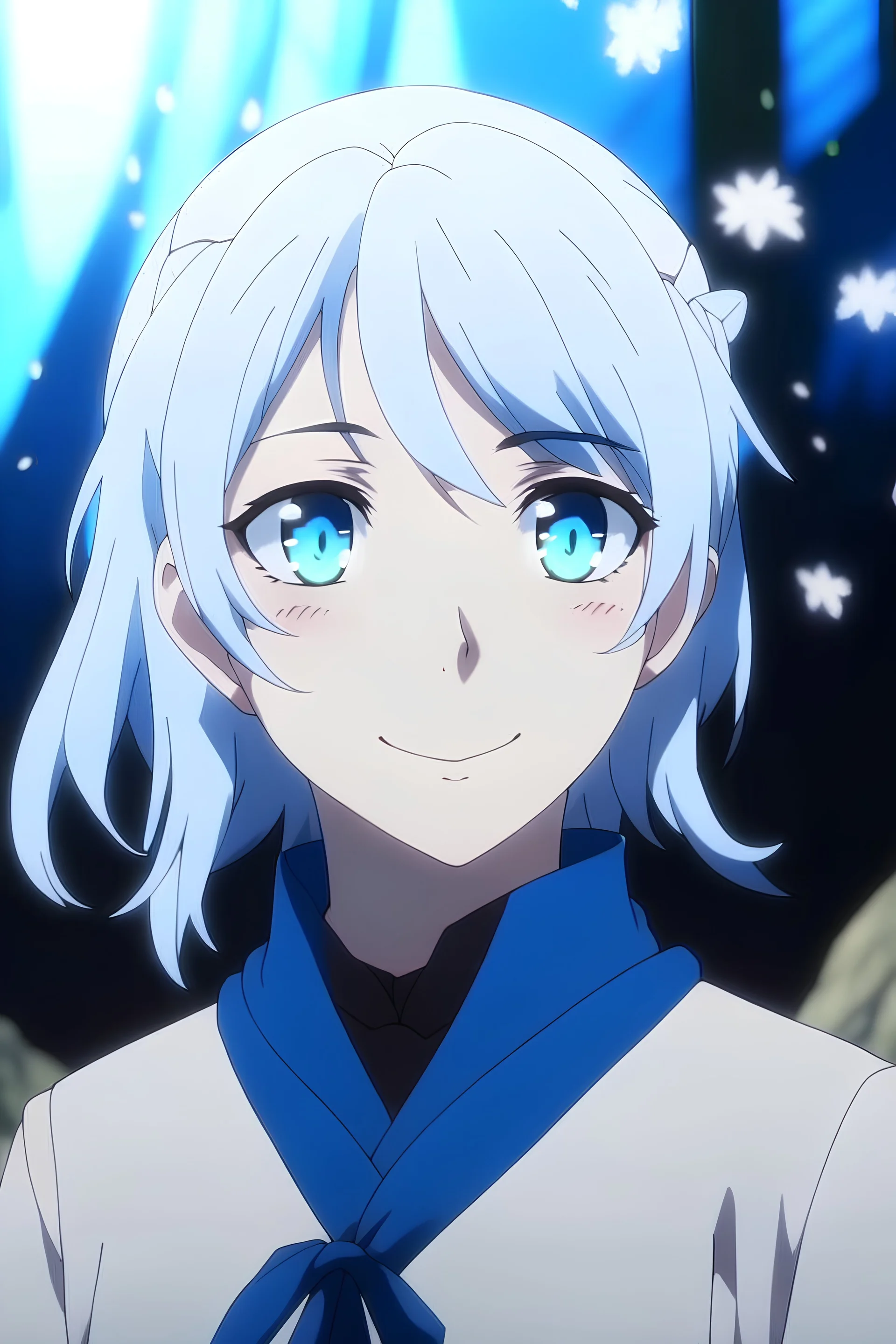 An anime girl with white hair and very white skin, wearing a blue, wide-sleeved dress she looks liké gojo satoru
