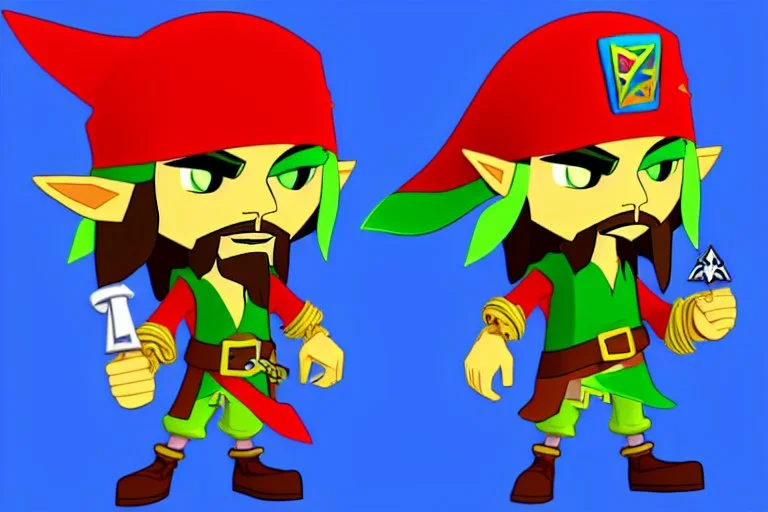 Cartoony Captain Jack Sparrow, showing his cool expensive wrist watch, Legend Of Zelda: Wind Waker style, stylized, colorful, adventurous.