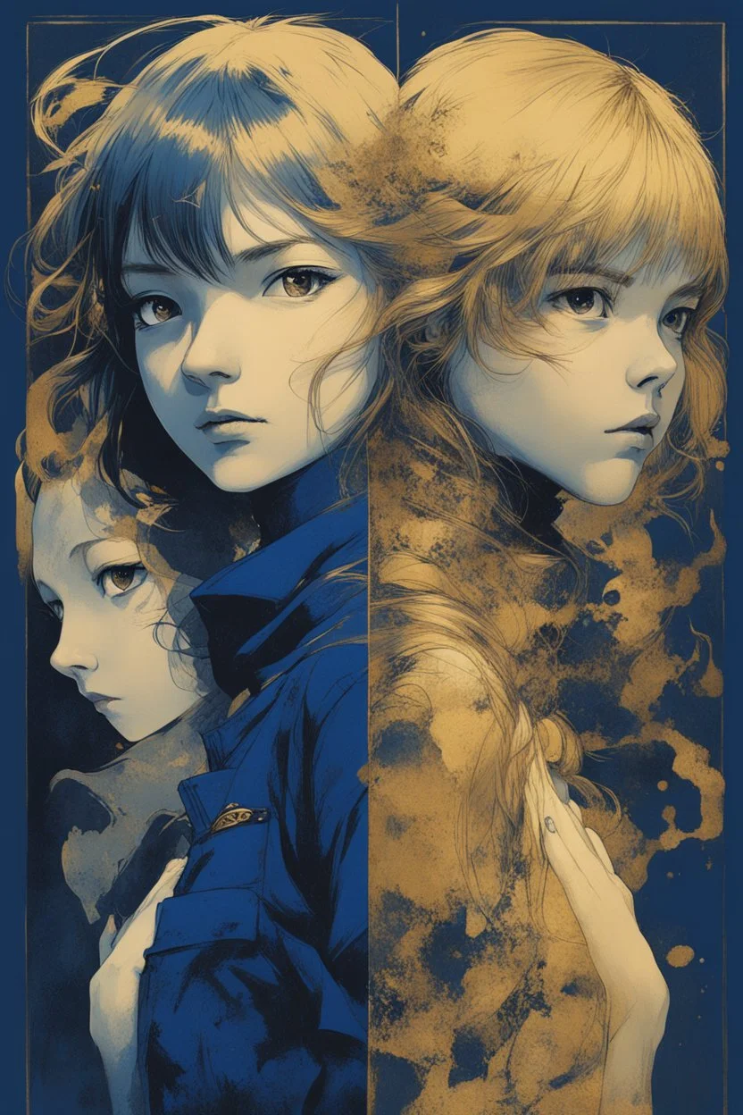 poster in two gradually, one girl illustration by <Yoji Shinkawa> and one girl illustration by <John Kenn Mortensen>, darkblue and gold tones,