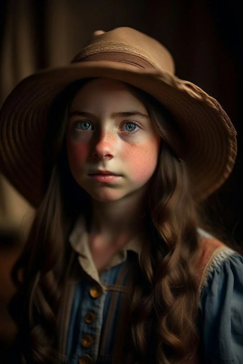 A girl with long dark brown hair, with a straw hat on her head, blue eyes, dressed in farm clothes