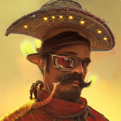 Insanely detailed photograph of an “ a mustachioed cowboy warrior "with sequenceed Sombrero, handsome charo,cigar,glowing D20 in hand, hyperdetailed painting by Ismail Inceoglu Huang Guangjian and Dan Witz CGSociety ZBrush Central fantasy art album cover art,8K, hdr, mysterious, flickeringlights ,Stoic