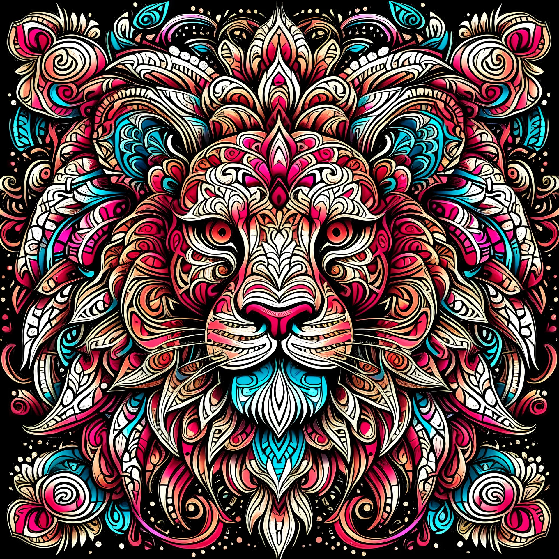 mandala style complex cute lion colorful page, vibrant color, clean black line, no break line, beautiful look, critical art, digital art, full page design, perfect composition, beautiful detailed intricate insanely detailed octane render trending on art station, photorealistic high resolution graphics, colorful and lighting, digital Art, color will be red, magenta gradient