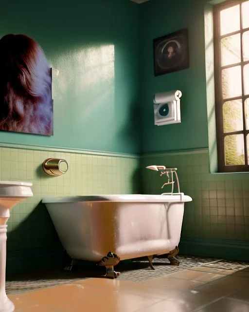 Bathroom scene, big hair monster into bath, Wes Anderson style, realistic photo, realistic image, concept art, smooth, unreal engine 5, god lights, ray tracing, RTX, lumen lighting, ultra detail, volumetric lighting, 3d.