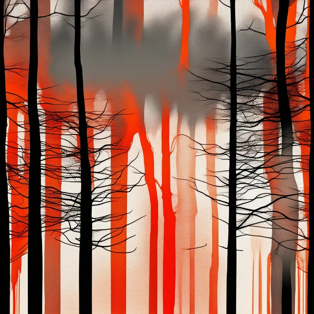 Glitch in the Matrix silhouette of tall dark trees, black, gray colors, surreal, foggy, mesh, lacy pattern, red-gray-orange background, painted, melting, dreamlike scene, blurred with wet ink, masterpiece