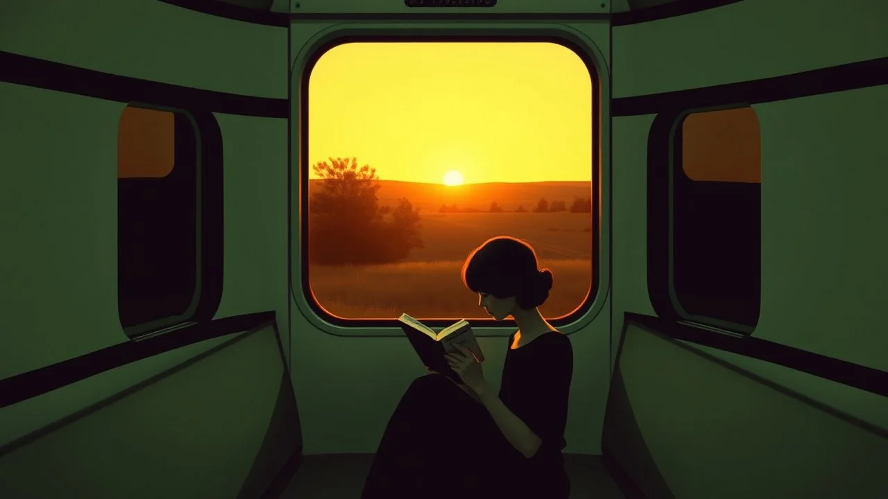 mujer sentada en un tren antiguo leyendo un libro, luz de atardecer entrando por la ventana, paisaje exterior borroso, interior en tonos verdes apagados, atmósfera introspectiva, composición minimalista, estilo realismo americano Edward Hopper