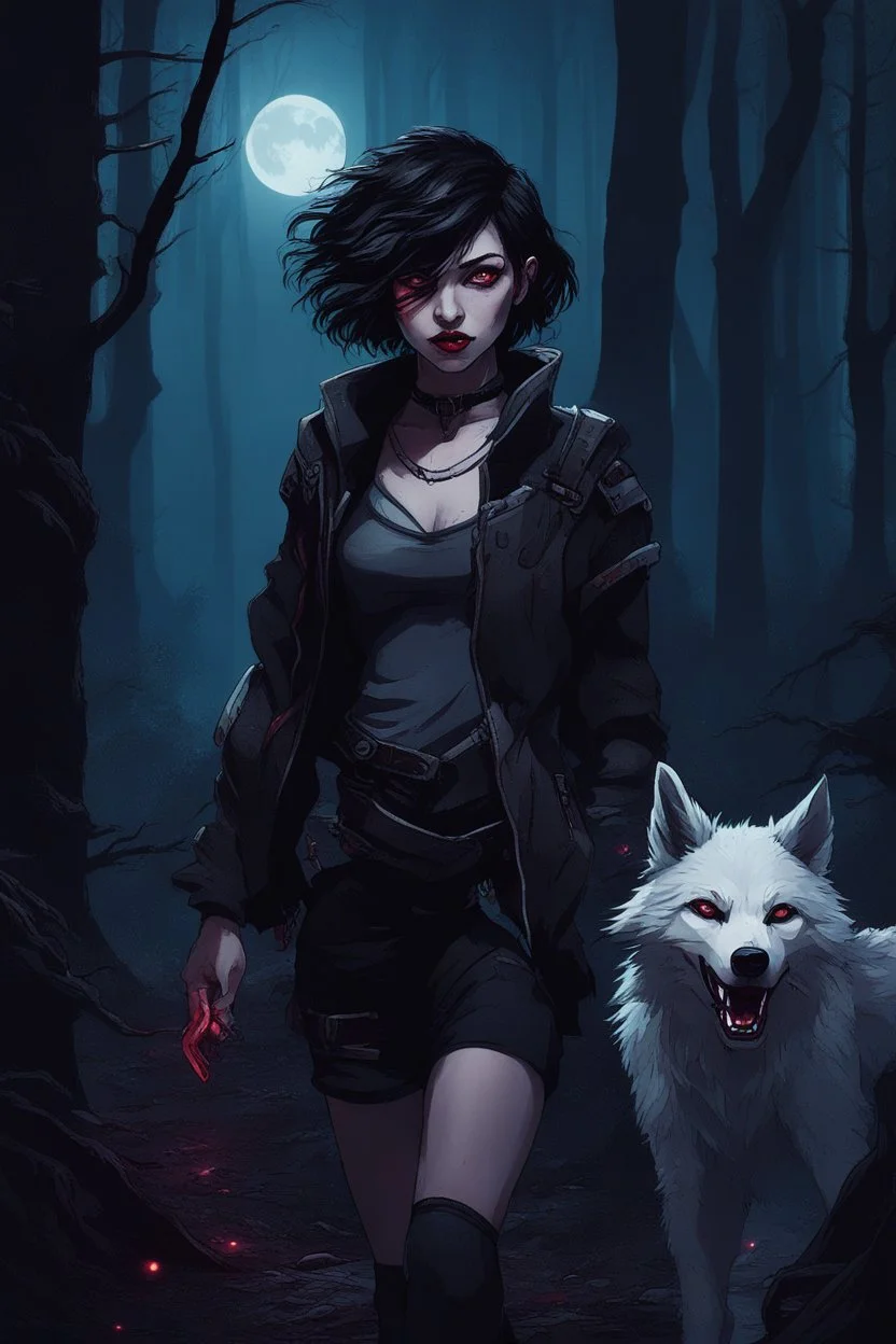 vampire girl showing fangs with short cropped cyberpunk hair wandering with her wolf in tangled forest in the moonlight