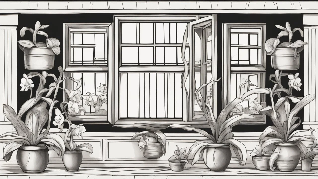 Cartoon orchid window black and white