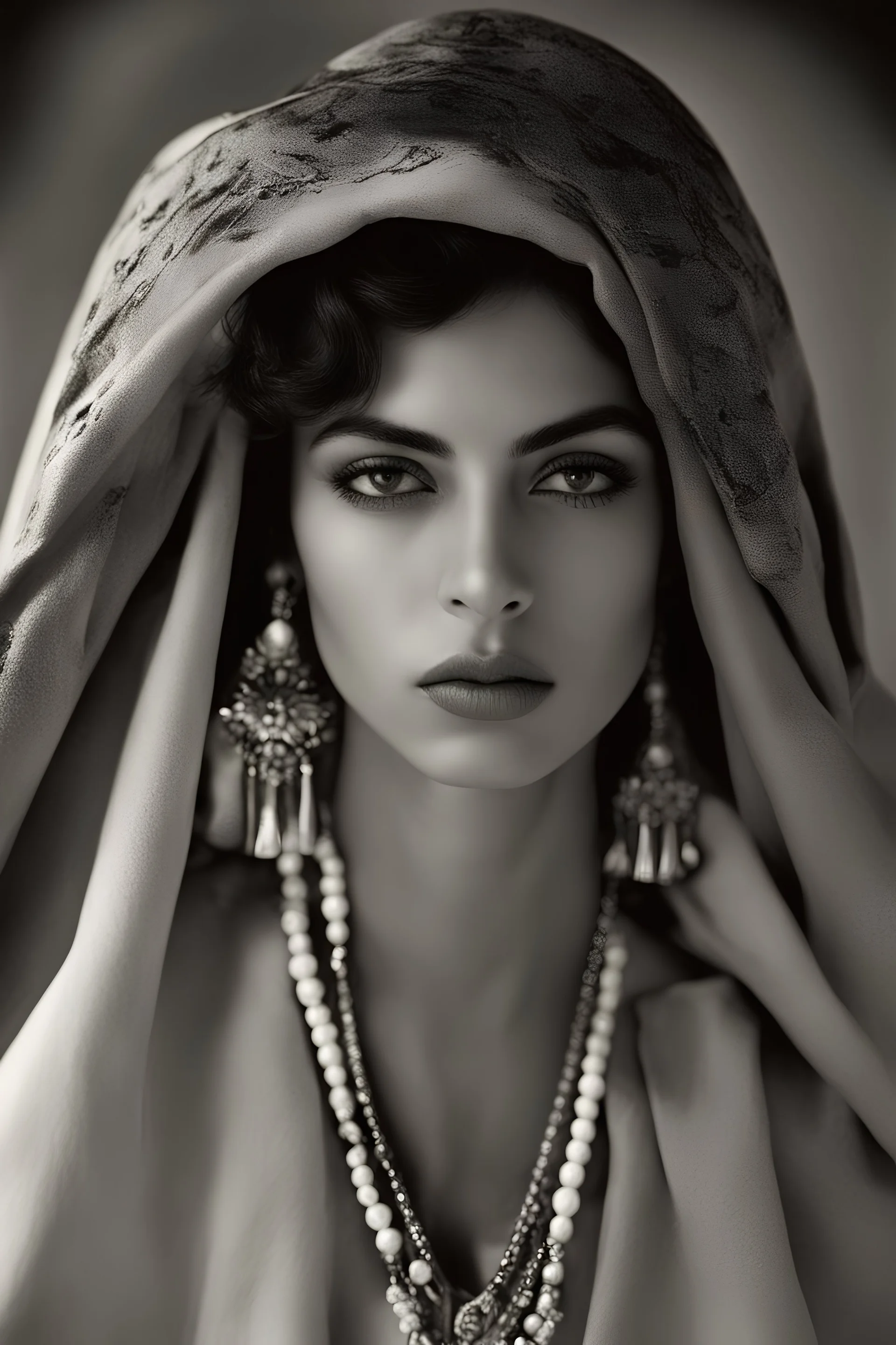 A character portrait photograph of a captivating young French-Arab woman, taken by Horst P. Horst and Herbert Ritts She looks contemplative. The photograph is a clear, HD image taken with a medium format camera, using a vintage lens. This work is trending on Behance, showcasing influences from the expressionism style. The natural background complements her figure, with the long exposure technique and sunrise hues enhancing her captivating features. The image has a shallow depth of field, with a