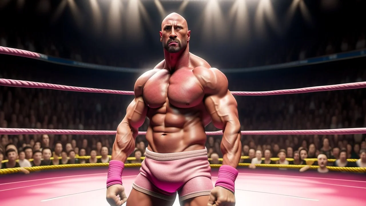 Highly detailed wide shot of Dwayne Johnson posing in a boxing ring, realistic, muscles, buff, flexing, pink skirt, eyebrows, large crowd