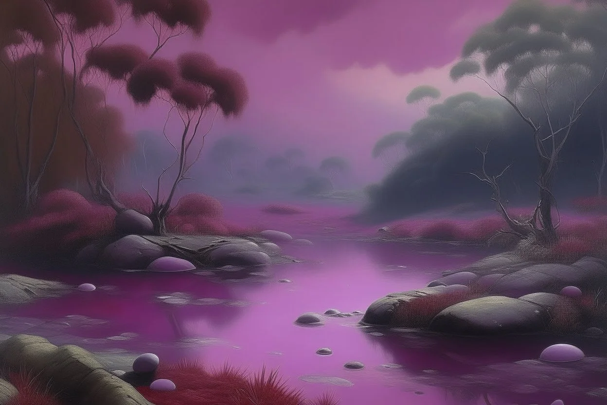 A dark pink violet swamp with rocks designed in Australian aboriginal art painted by Ivan Aivazovsky