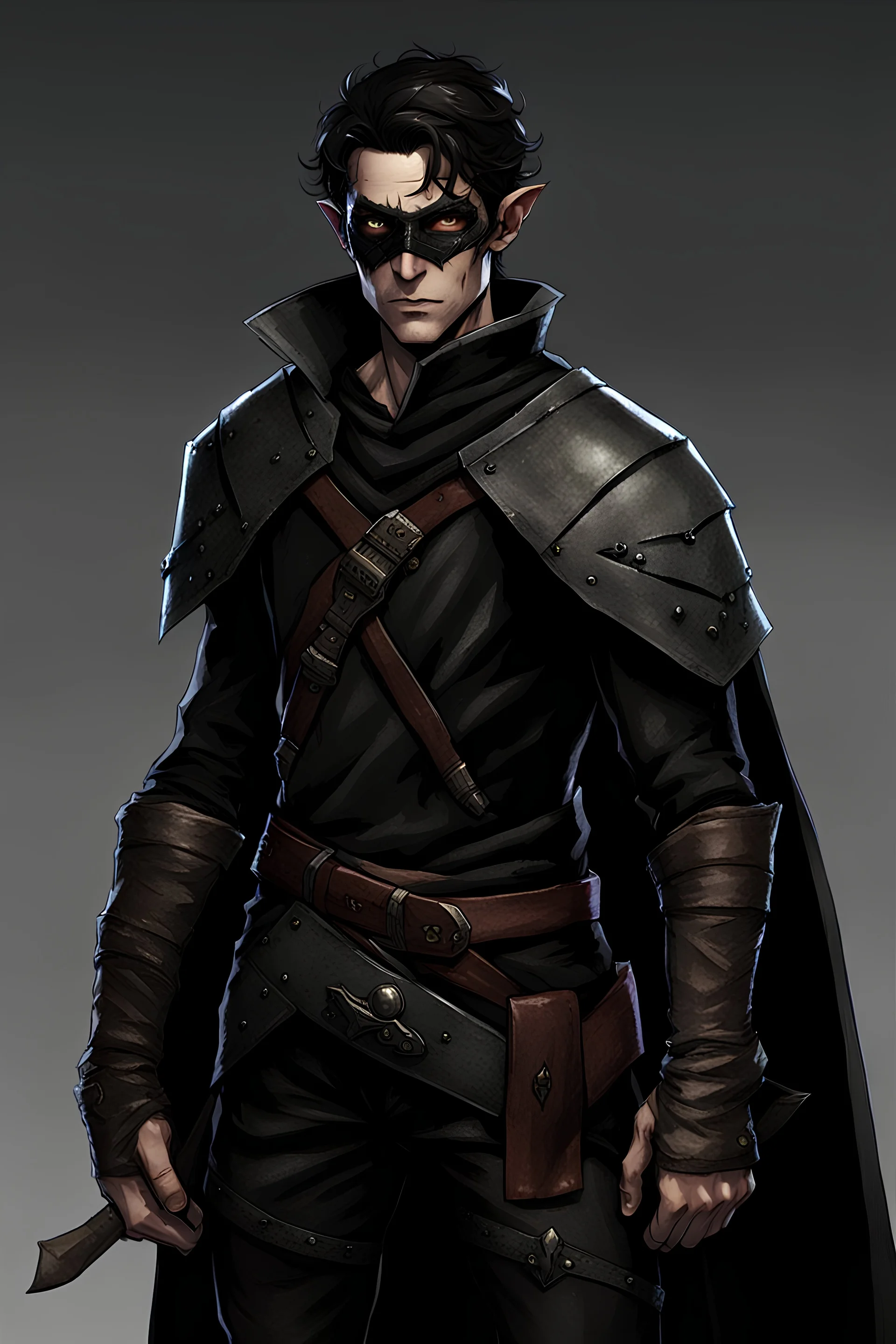 Young rogue elf male, with grey pale skin, wearing an eye patch on the left eye, bandages on his arms, wearing black leather clothes with a shoulder cape
