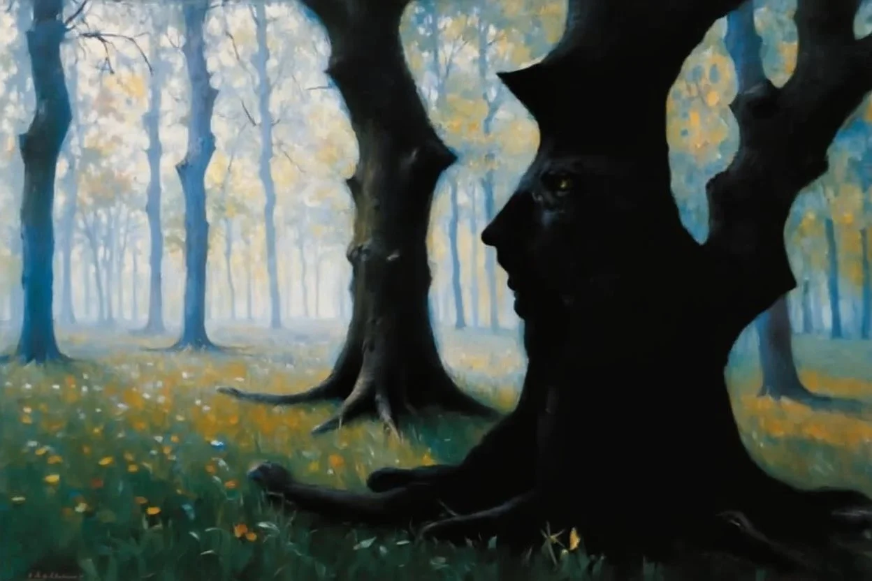 Trees, forest, gothic horror movies influence, black metal videoclips influence, konstantin korovin and paul cezanne impressionism paintings