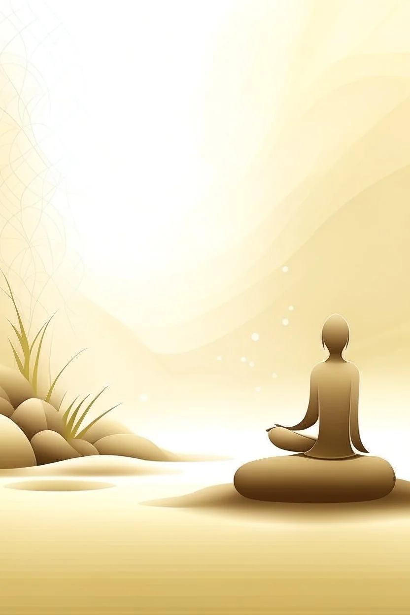 gentle shining background, spa kami and bamboo stem, sand in the background, silhouette of a girl in a yoga pose sitting on the stones, photorealistic photo