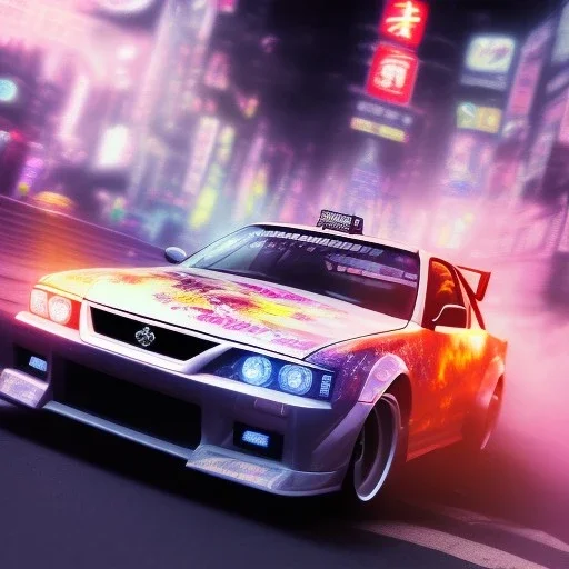 volumetric japan city environment and background, realistic pop-art illustration and highly detailed digital painting of illegal street drifting, ghost flames, inside a vibrant city, underground jdm scene, d1 grand prix, nissan, mitsubishi, otaku, neon, toyota, honda, subaru, highly detailed, money, high contrast, realistic shaded volumetric lighting, 8k, tokyo drift, reflective ground, octane render, smoke, burnout, vitality colours, colorful, uhd, blue fires, dk, hooning manga art by sam curry