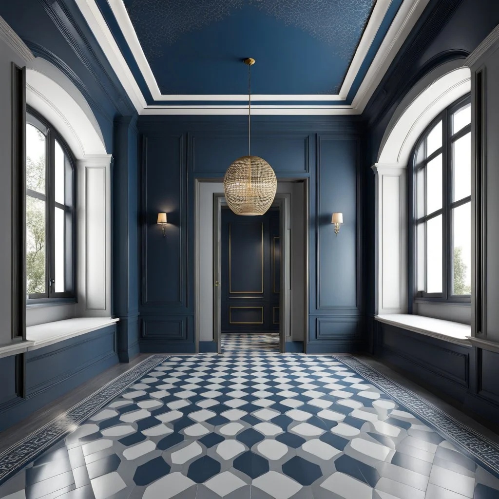 luxury hall ,tiled blue and gray large floor,