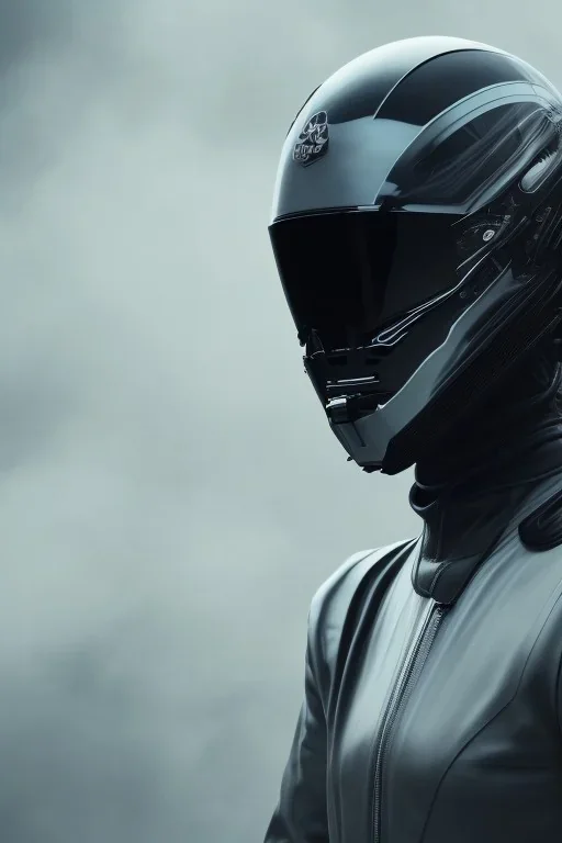 All Black racing suit AnnaSophia Robb, portrait, ghost mask, wearing high tech racing helmet, white smoke, dark, rage, sorrow, high definition, ultra 8 k, volumetric lighting, blue fire, fog