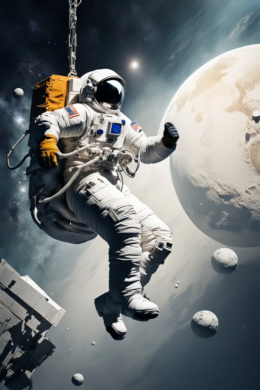 An astronaut is sitting on a wrecking ball, nearly falling off, arms in the air,.looking frightened, side view