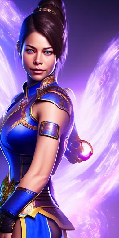 kristin kreuk face, street fighter blue chun li clothes, portrait busty and face, wearing blue dress, light effects, particles,