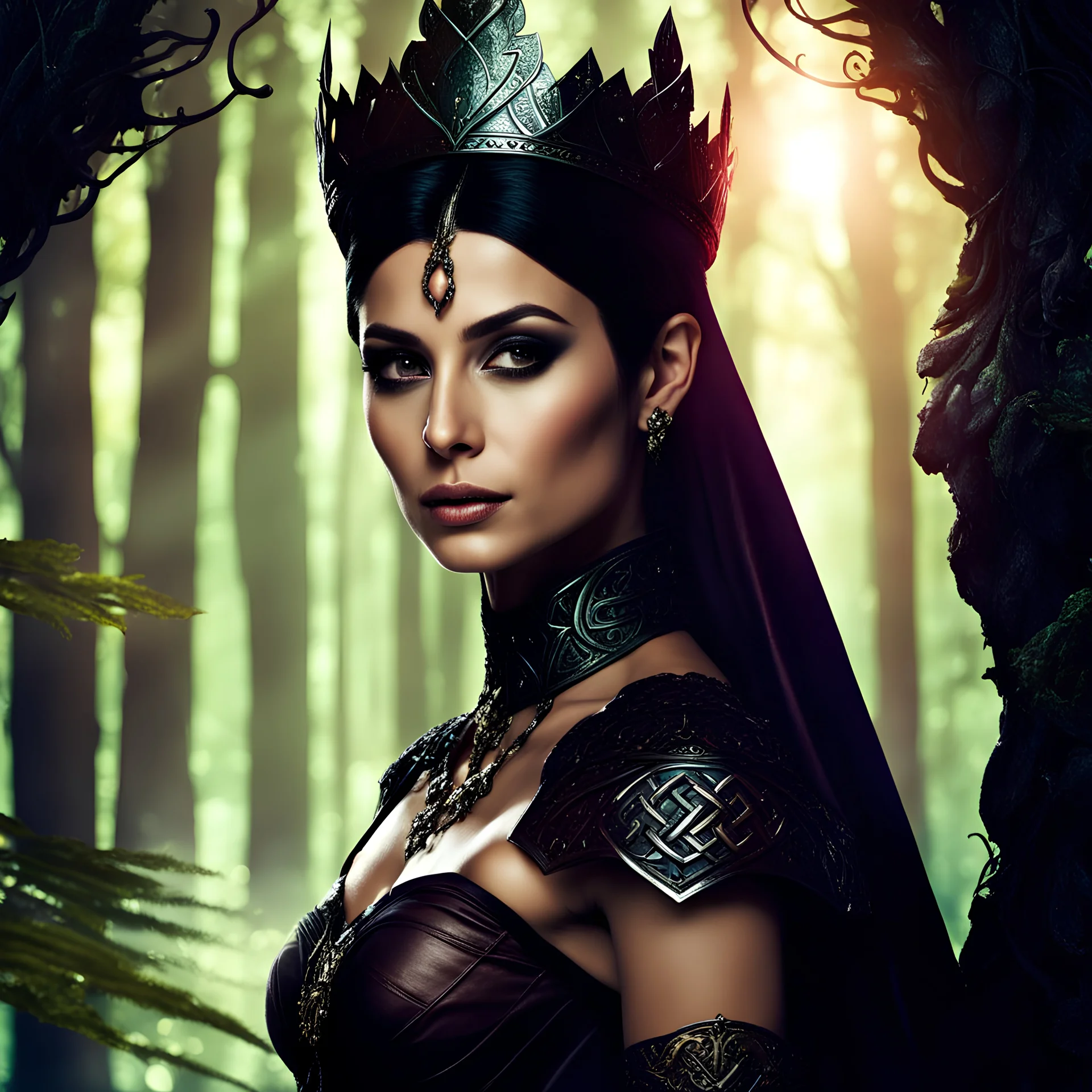 Morena Baccarin as a beautiful sexy dark elf queen seated elegantly on a throne in a mystical forest, dark celtic vignette frame, photo-realistic, cinematic lighting, award-winning photography