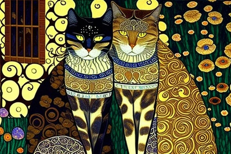 Two cats on a terrace. Gustav Klimt. Perfect brown eyes with perfect iris, perfect pupils.