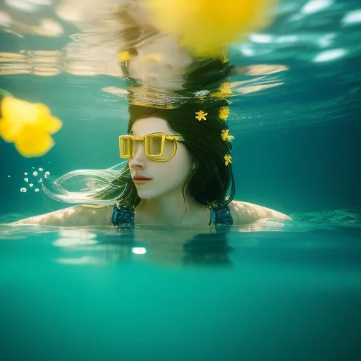 girl underwater with yellow flowers for hair, closed eyes, rtx, reflection, 8k, glow, winning photography, caustics