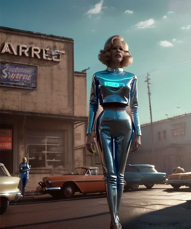 Ultra Realistic retro sci-fi movie Supermarket parking scene, 1960 year, waist up view portrait, 2 clones blonde women, sweet teenager Jane Fonda face, perfect iris, glow eyes, face makeup, tight latex coat. many people looking, Retro sci-fi style, soft color, highly detailed, unreal engine 5, ray tracing, RTX, lumen lighting, ultra detail, volumetric lighting, 3d, finely drawn, high definition, high resolution.