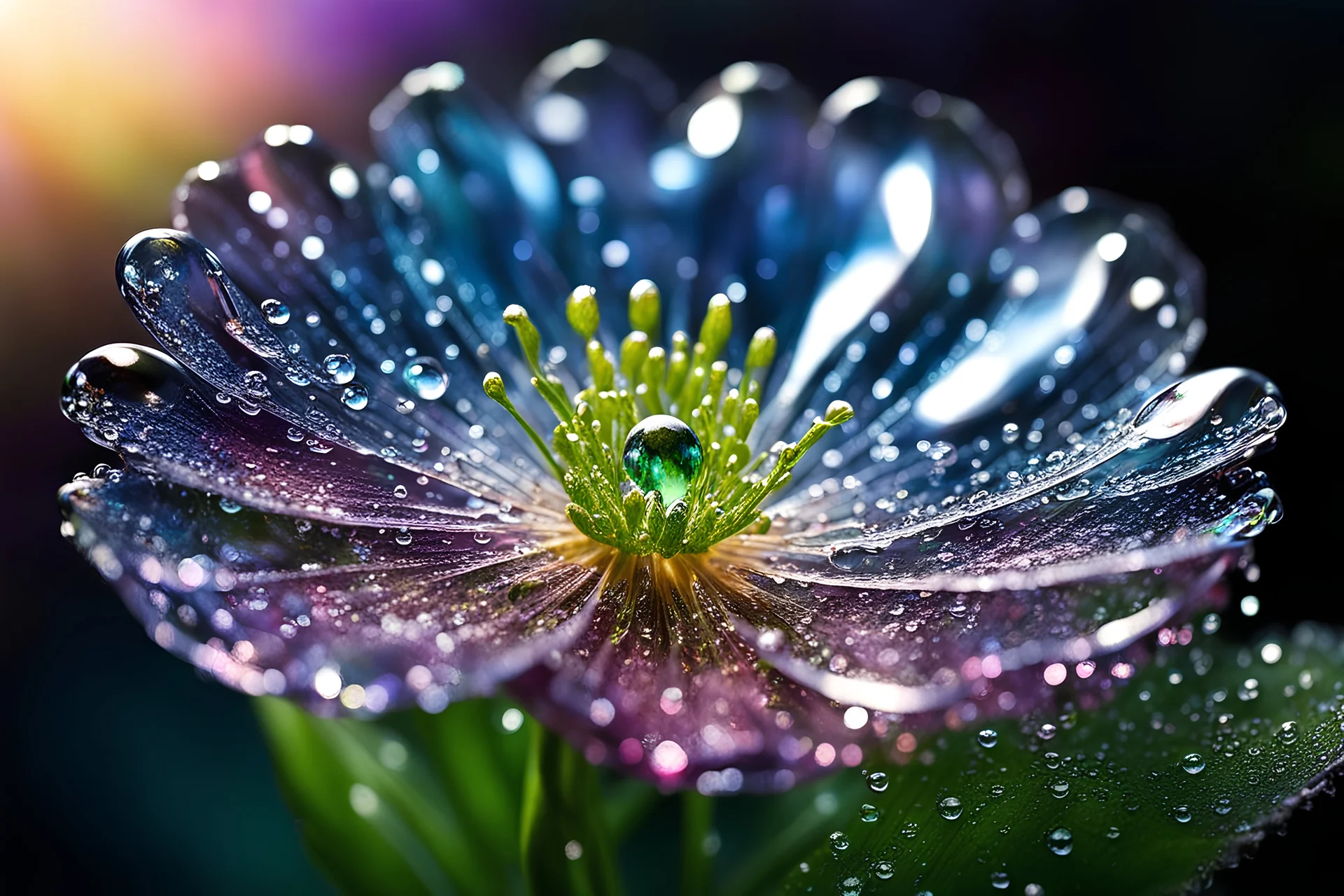 spring dew, macro photo, sparkling magical fantasy, glass flower dewdrop, very detailed, amazing quality, etheral, intricate, cinematic light, highly detailed, beautiful, epic, galaxy fantasy colors, stunning