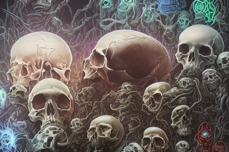 hundreds of non-anatomically correct, dark comic art, graphic novel,human skulls stacked into a wall unusual neon lighting, high velocity, 64k, dystopian, vray, a picture of a dark, comedic, anatomically correct wall of colorful tightly packed skulls of varying sizes and expressions, photo realistic, insanely meticulous, highly detailed, part of a collection of bones on display, 64k, dystopian, vray