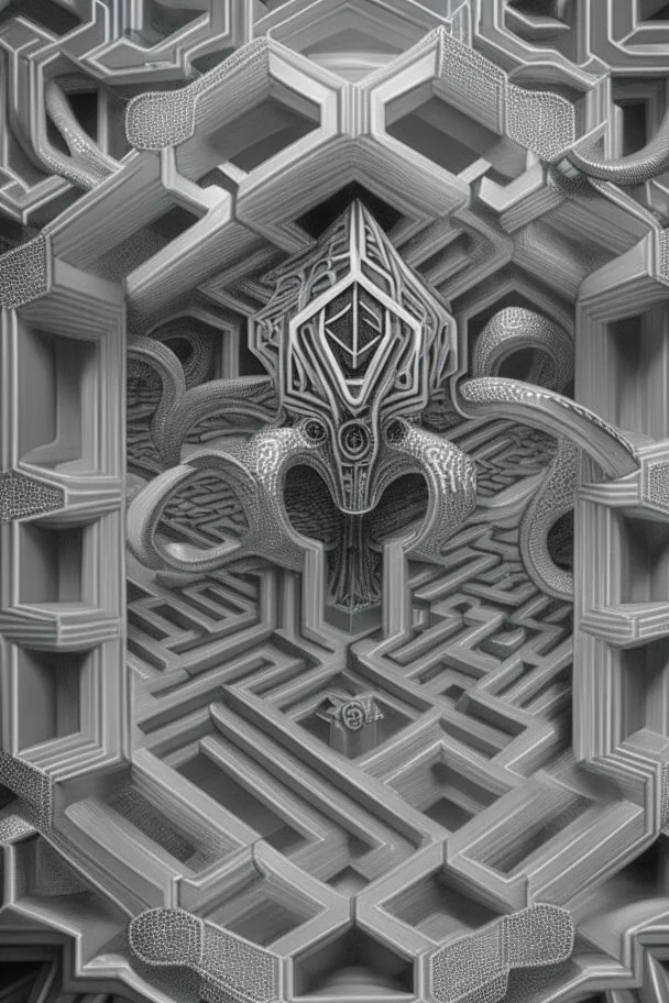 hexagon chrome labyrinth featuring illithid in the style of escher, 8k, trending art