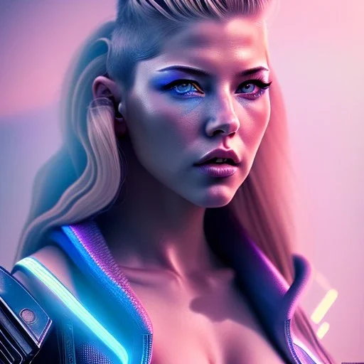 Katheryn Winnick, hyper realistic, cyberpunk style, shaved hair, latex, gradient color, BLUE, PINK, CYAN, neon, insanely detailed, 16k resolution, perfect eyes, cinematic smooth, intricate detail