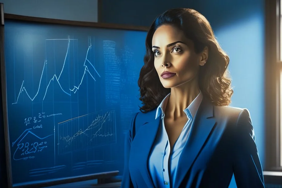 A pretty brown-haired, light-skinned woman in an elegant blue suit stands in a classroom in front of a blackboard with various charts and diagrams, in the sunlight