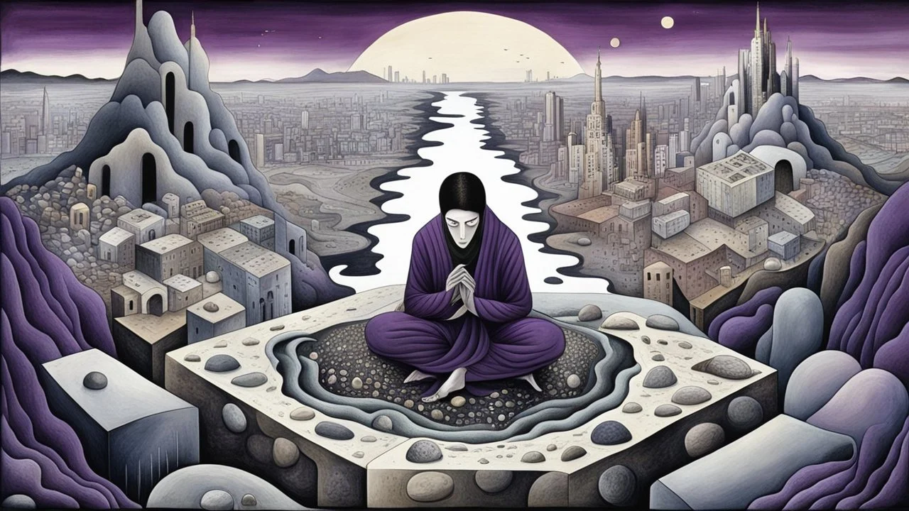 a nonbinary human figure crouched in middle of a multi-layered thick amorphous block of stone consisting of several layers, around weird whimsical landscape city in the distance, pale eyes, pale hands faint human figures, dark purple, gray, black, white, brown. Whimsical style of Chagall , of Minjae Lee and Anton Semenov, lonely with absurd broken land, neuron network background, surreal vibe