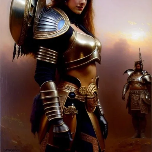 portrait 'Beautiful booty, Busty Blonde in black bra ',ancient metal armor and helmet ,painting by gaston bussiere, greg rutkowski, yoji shinkawa, yoshitaka amano, tsutomu nihei, donato giancola, tim hildebrandt, oil on canvas, cinematic composition, extreme detail,fit full head inside picture,16k